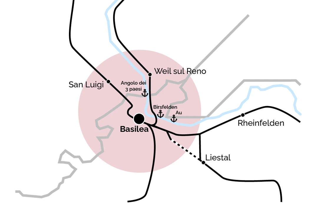 Con le strutture di trasbordo del Gateway Basel Nord e i porti svizzeri del Reno, la regione di Basilea svolge una funzione logistica centrale per tutta la Svizzera. Un buon 1/3 delle importazioni e delle esportazioni della Svizzera passa attraverso la regione di Basilea. (Fonte: UFT, Prospettiva FERROVIA 2050, Concretizzazione territoriale, settembre 2024, p.43f)
