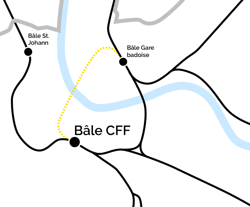 La ligne diamétrale (jaune) relie directement la gare CFF à la gare badoise par un tunnel.