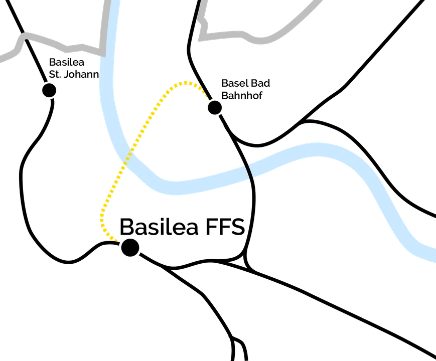 La linea diametrale collega la stazione ferroviaria FSS con un tunnel direttamente alla stazione Badischer Bahnhof.