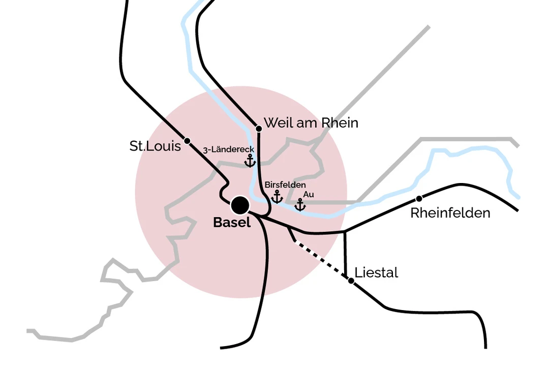 Die Region Basel hat mit den Umschlagsanlagen Gateway Basel Nord und den Schweizerischen Rheinhäfen eine zentrale Logistik-Funktion für die ganze Schweiz. Gut ein Drittel der Ein- und Ausfuhren der Schweiz gehen über die Region Basel. (Quelle: BAV, Perspektive BAHN 2050, Räumliche Konkretisierung, September 2024, S.43f)